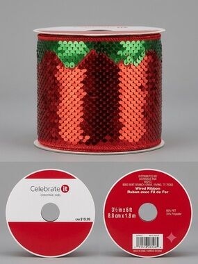 Celebrate It Christmas Red Green Sequin Wired Ribbon 3.5” x 6ft NEW